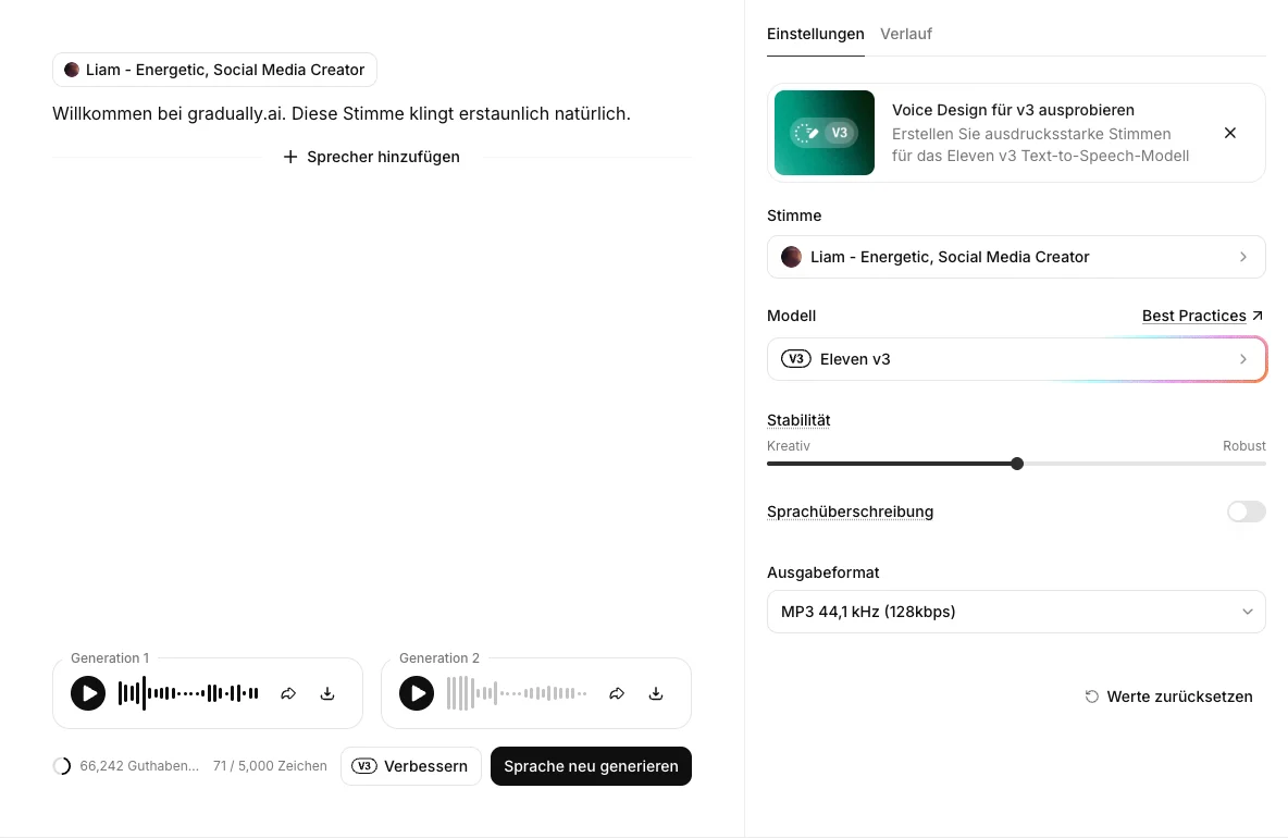 ElevenLabs text-to-speech editor with the Eleven v3 model in my own account