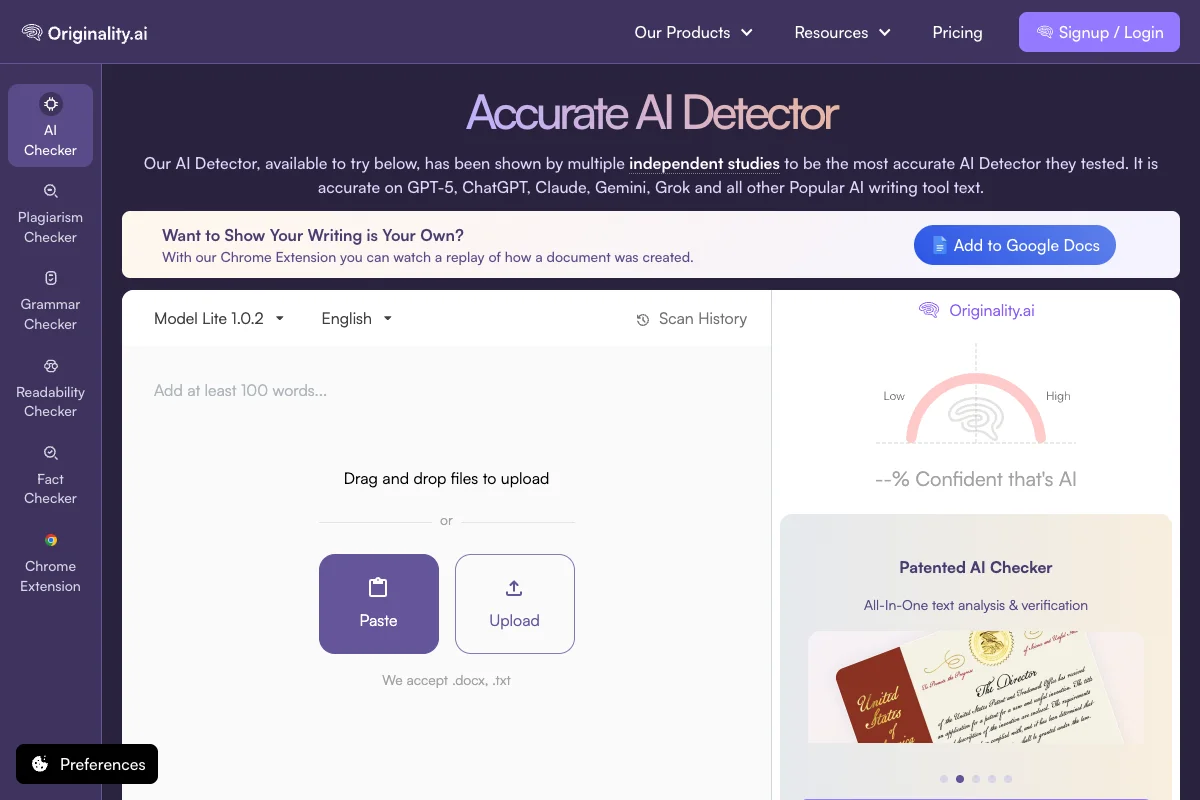 Originality.ai AI Text Detector 2026