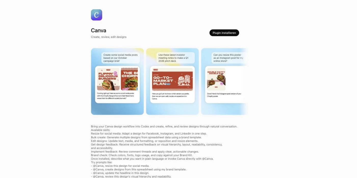 Die Detailseite des Canva-Plugins in ChatGPT mit Installations-Button und Beispielen
