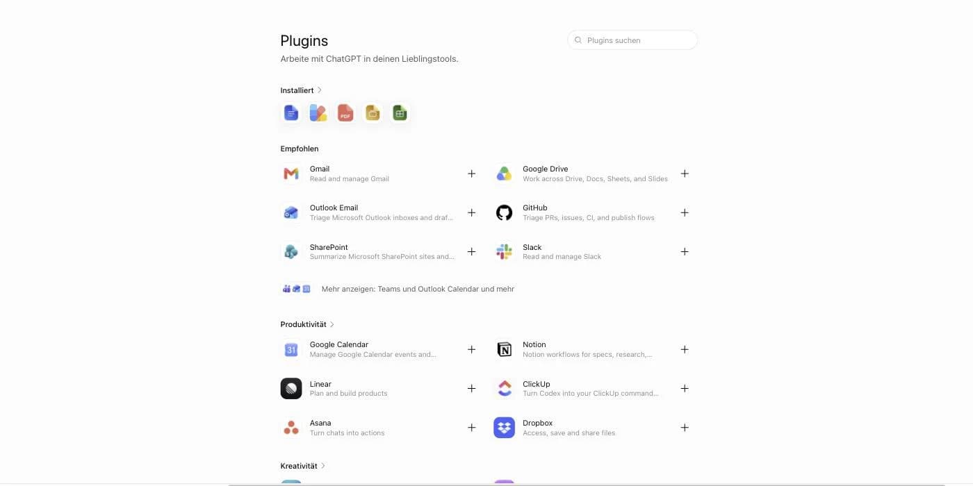 Das Plugin-Verzeichnis in ChatGPT mit Kategorien wie Empfohlen, Produktivität und Kreativität