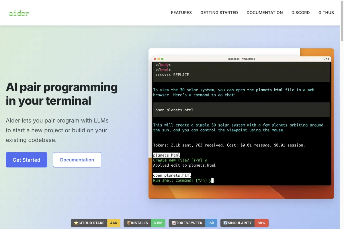 Aider Startseite: Open-Source-Pionier mit automatischen Git-Commits und Diff-First-Ansatz