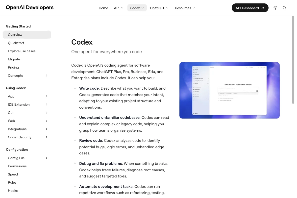 OpenAI Codex Startseite mit CLI, Cloud und mobiler Fernsteuerung