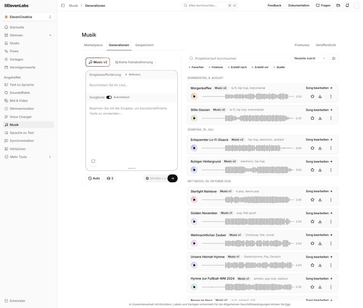 ElevenLabs-Generierungsliste im Scale-Konto mit den beiden Auto-Varianten „Morgenkaffee“ (2:00 Minuten) und „Stille Gassen“ (2:30 Minuten), automatisch vergebenen Tags lo-fi, hip-hop, instrumental sowie dem gemessenen Guthaben-Verbrauch von 4.115 Credits für die Generierung