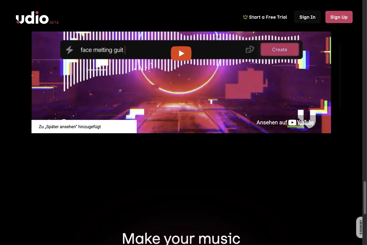Die Startseite von Udio, einem KI-Tool für generierte Musik mit Gesang