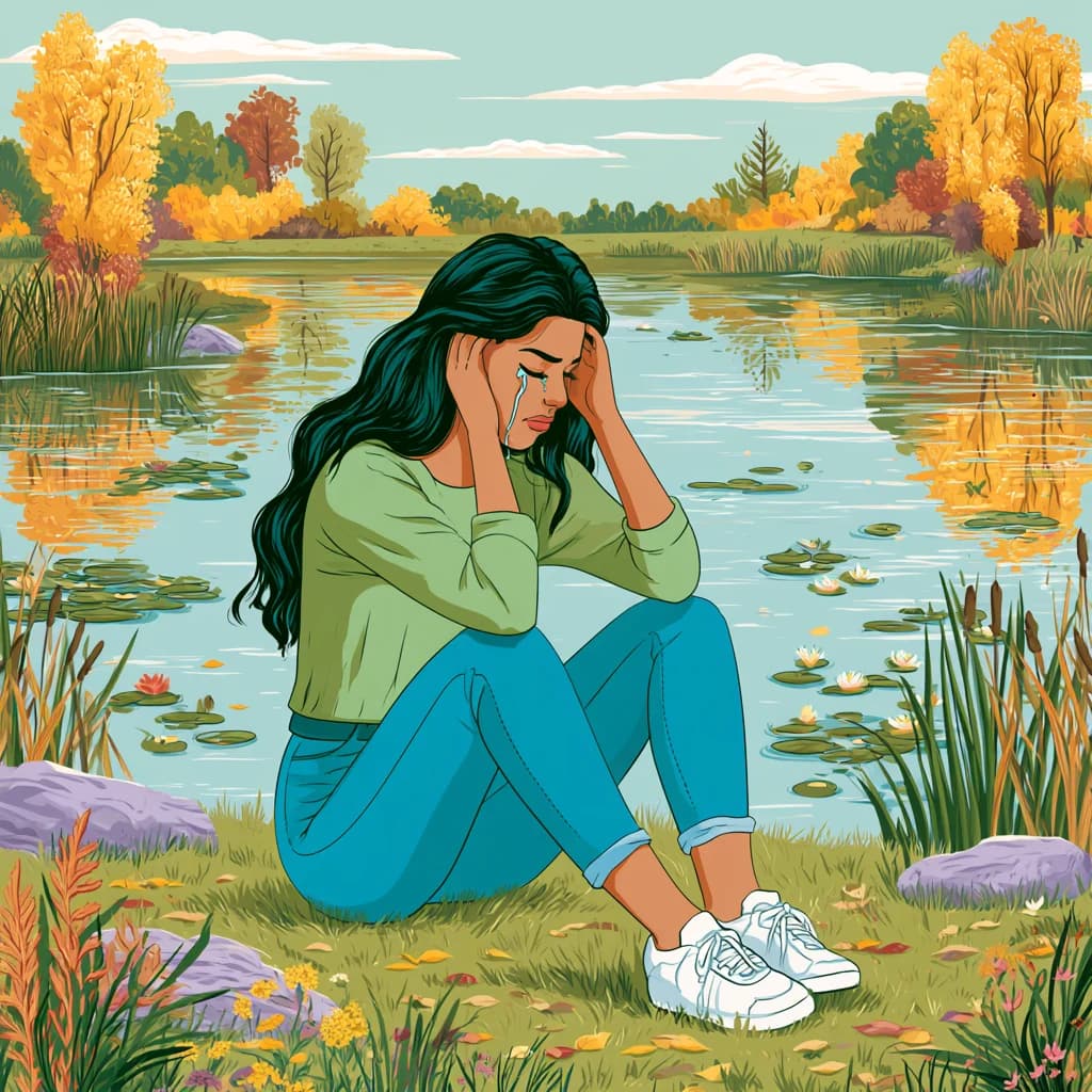Midjourney V8.1: weinende Frau am Teich als Illustration