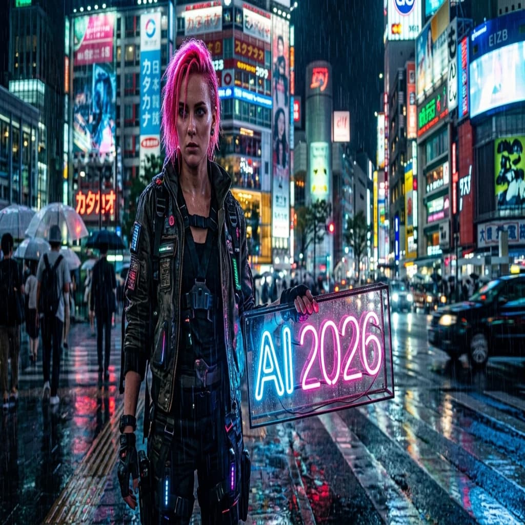 Nano Banana 2 Cyberpunk-Porträt mit Text