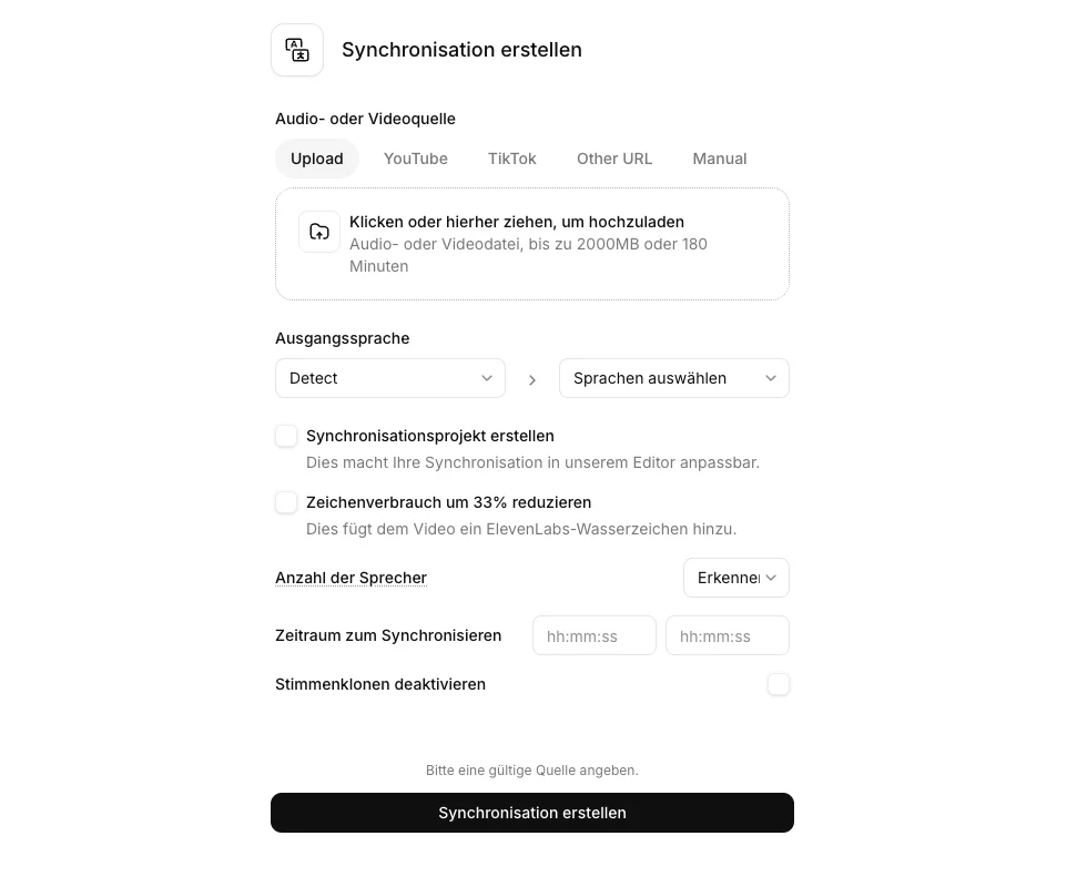 Der Dubbing-v2-Upload-Bereich im ElevenLabs-Dashboard mit Datei-Upload, URL-Feld und Sprachauswahl