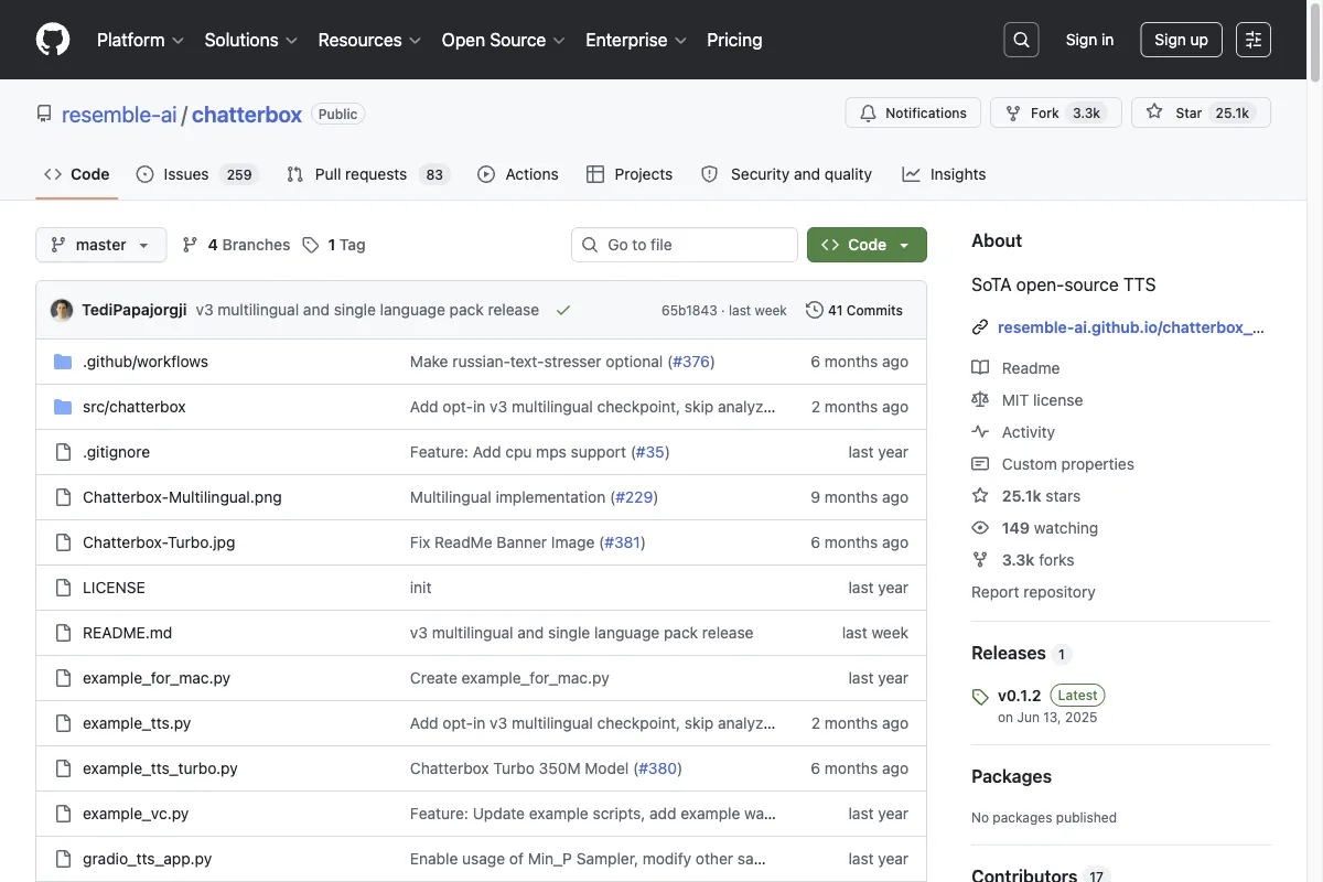 Die GitHub-Seite des Open-Source-TTS-Modells Chatterbox von Resemble AI