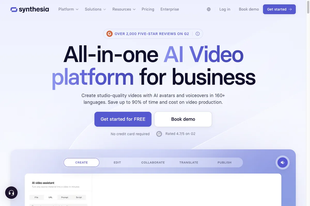 Die Startseite von Synthesia, einer KI-Video-Plattform mit Avataren und Voiceover