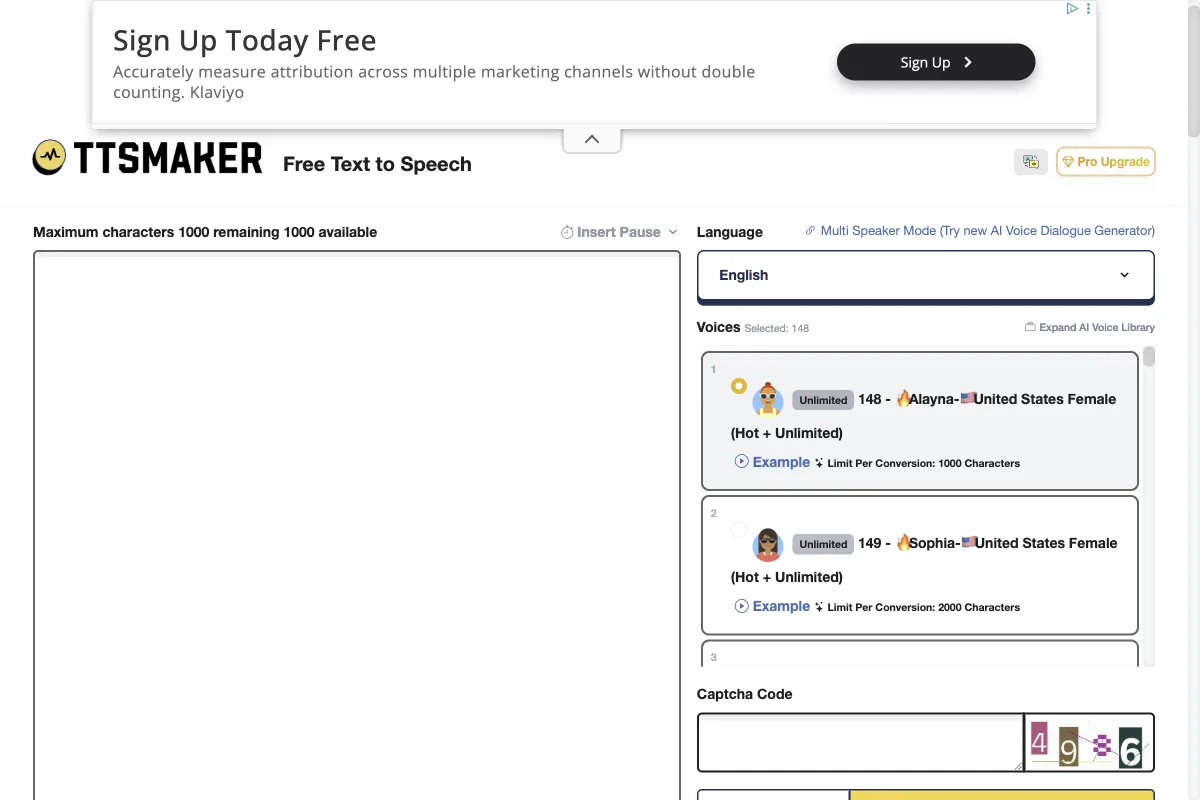 Die Oberfläche von TTSMaker, einem kostenlosen Text-to-Speech-Tool mit großer Stimmenauswahl