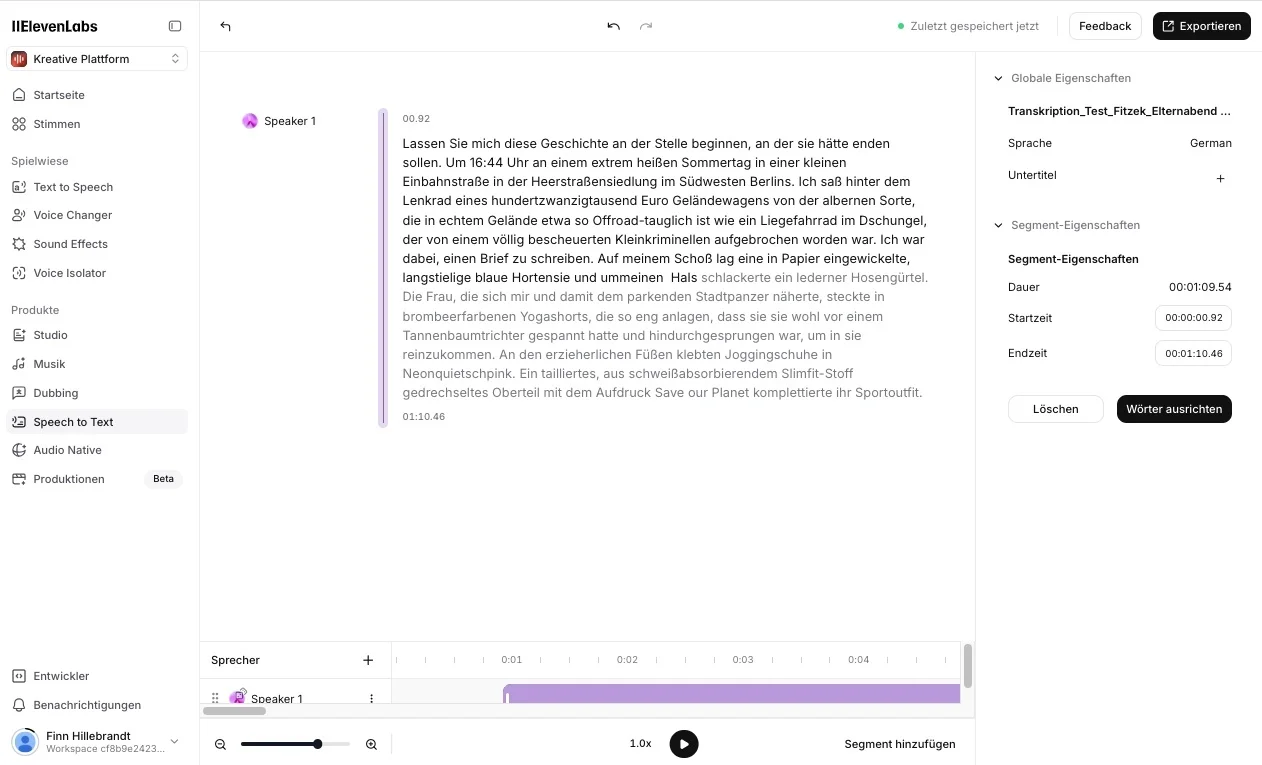 ElevenLabs Benutzeroberfläche - Speech to Text
