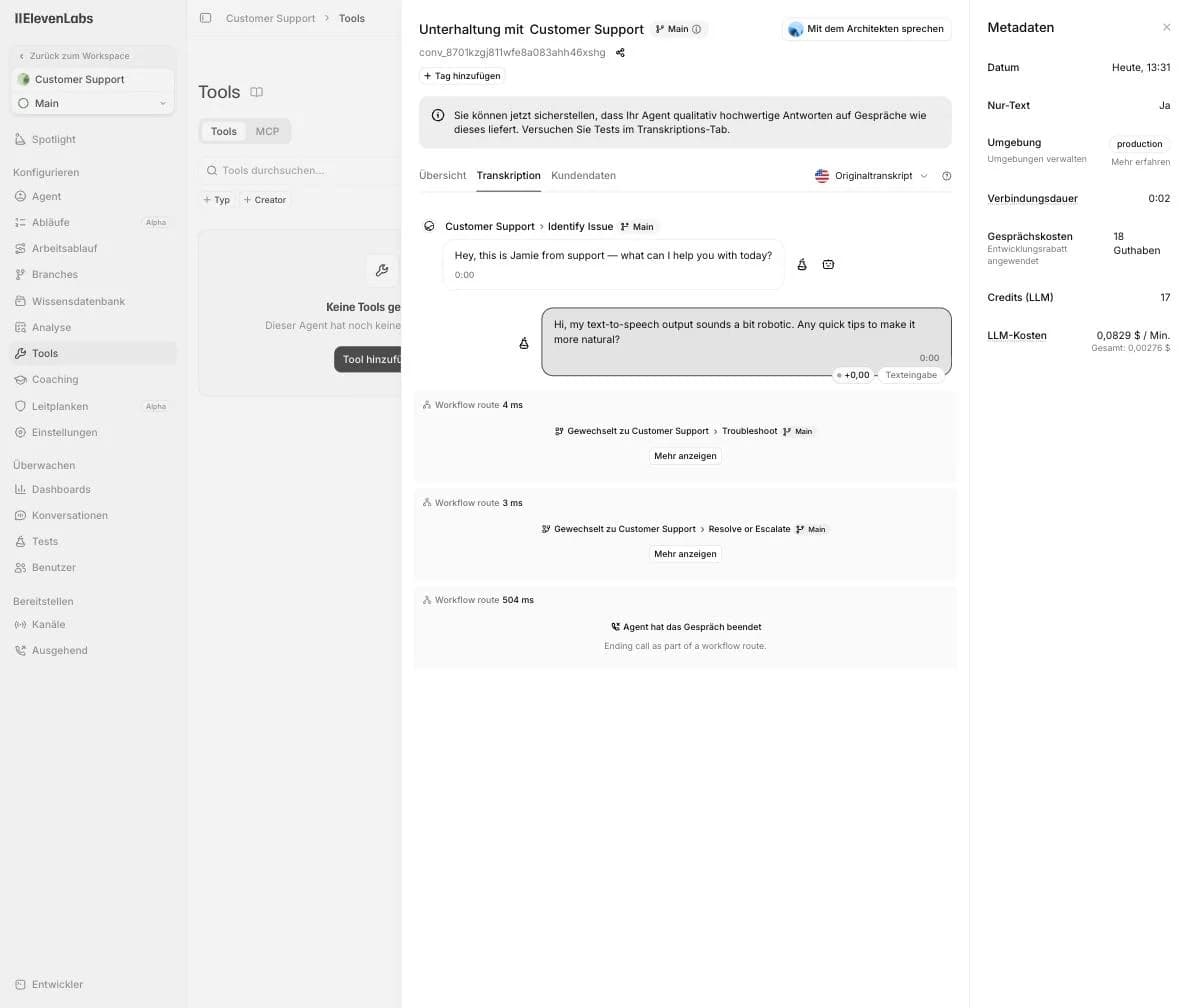 Screenshot meines ElevenAgents-Testgesprächs mit sichtbarem Workflow-Routing (Identify Issue, Troubleshoot, Resolve or Escalate) und Wort-Transkript