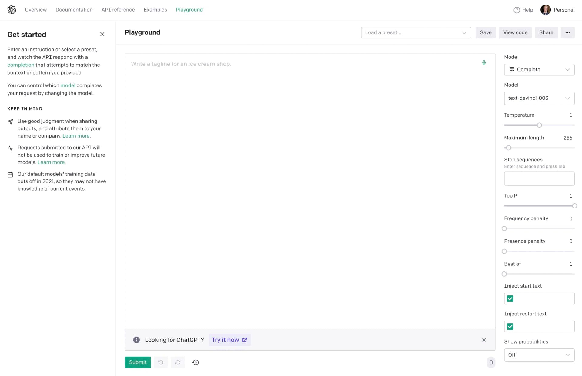 OpenAI Playground interface