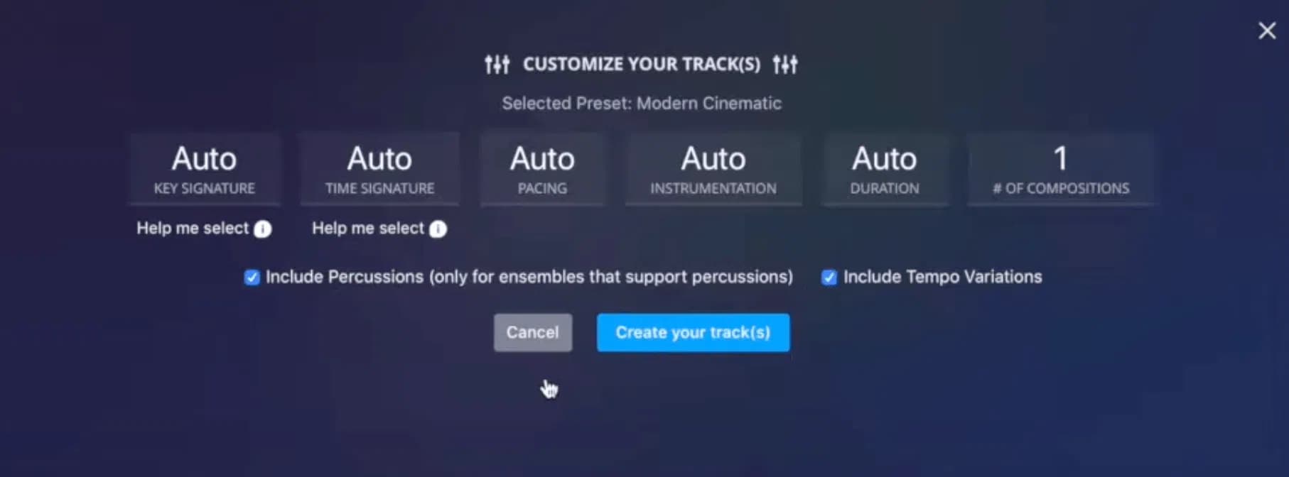 AIVA music generator settings for length, instruments, and tempo