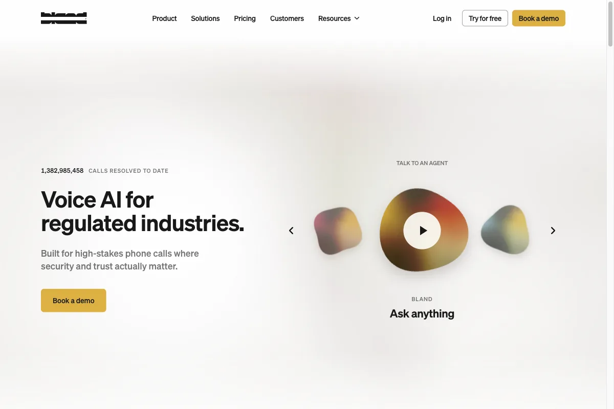 The Bland AI homepage with voice AI for regulated industries