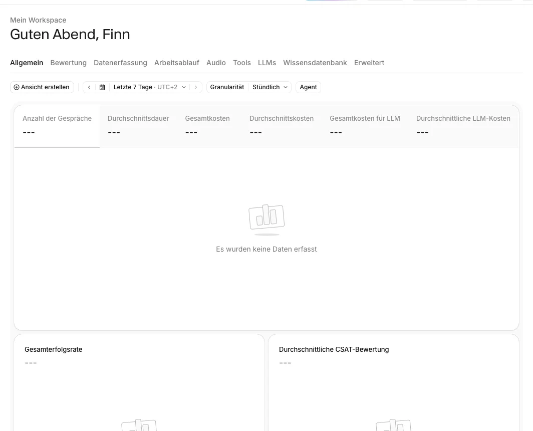 The ElevenAgents dashboard in my ElevenLabs account showing the Knowledge Base, Tools, and LLMs tabs