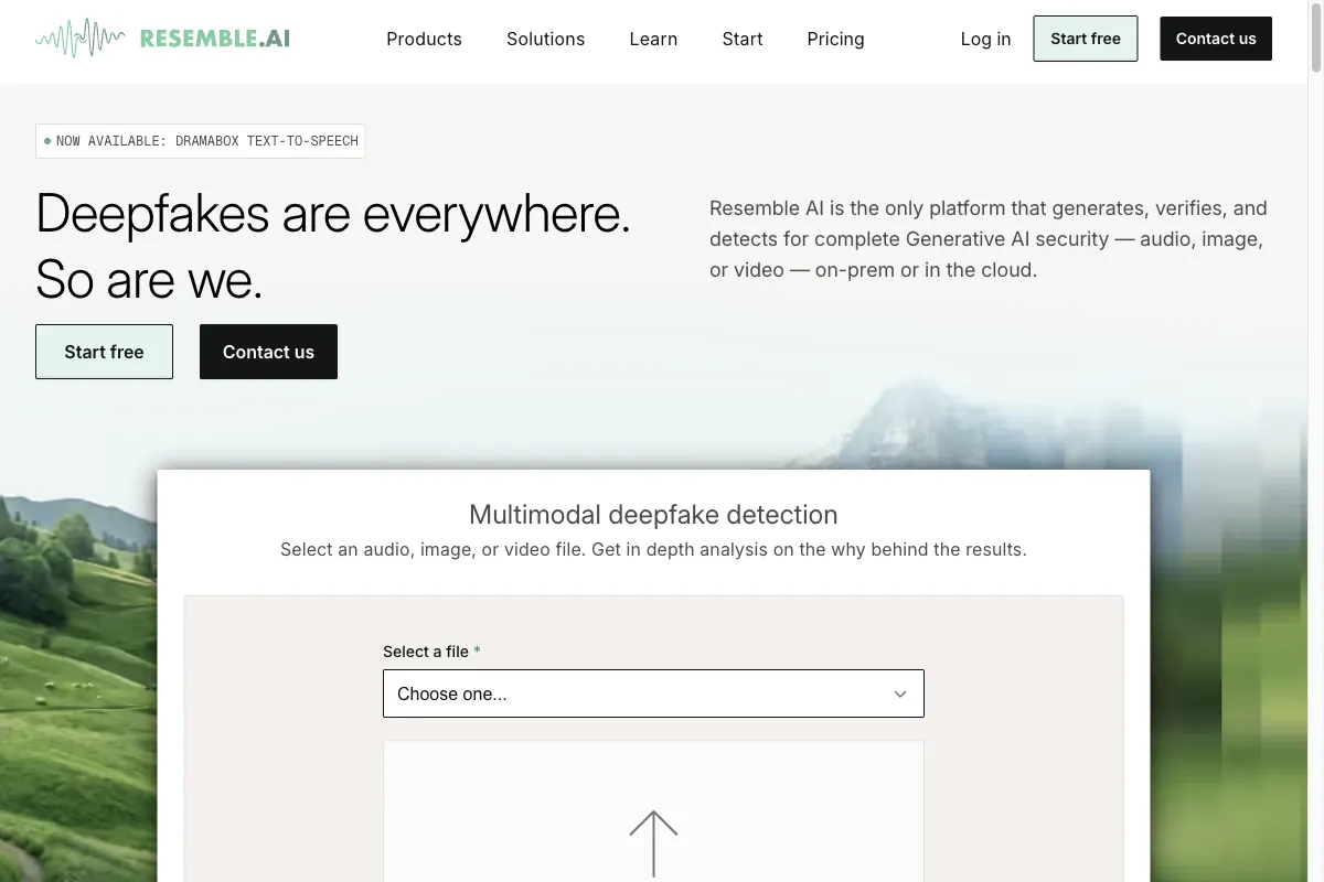The Resemble AI homepage with voice cloning and real-time voice conversion