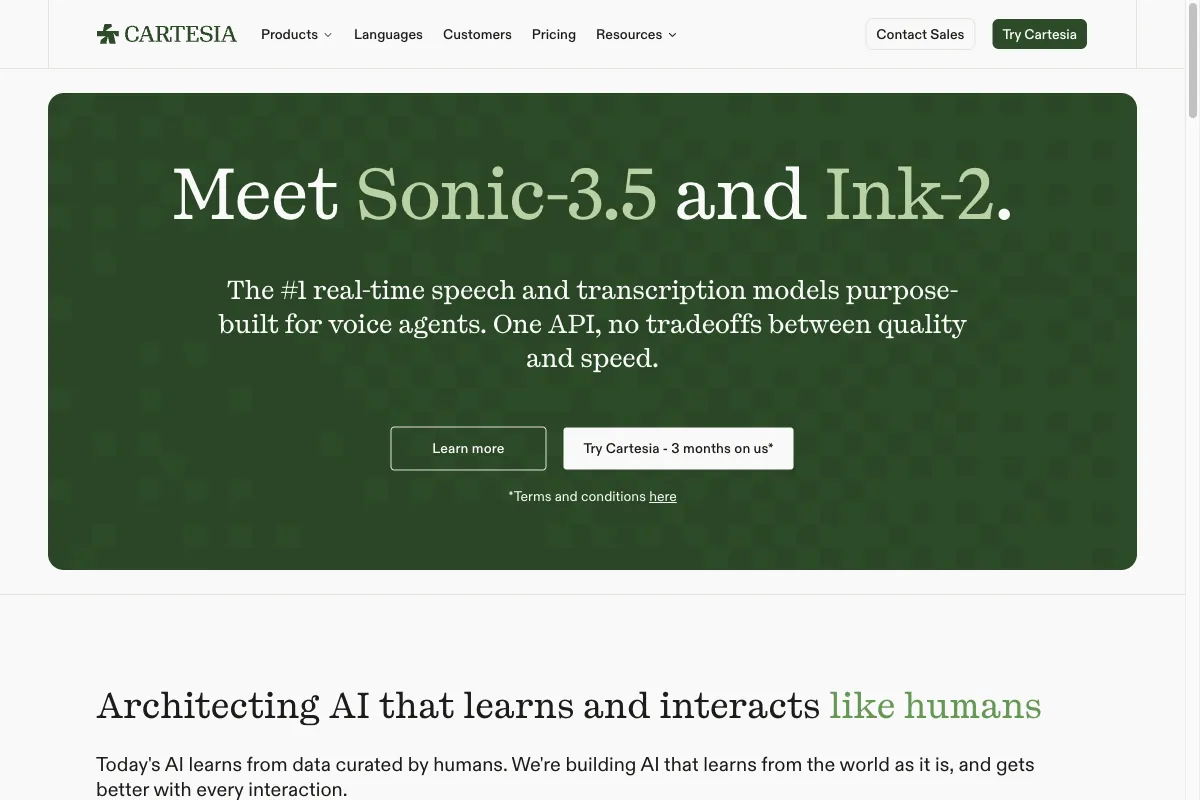 The Cartesia homepage featuring the low-latency Sonic model