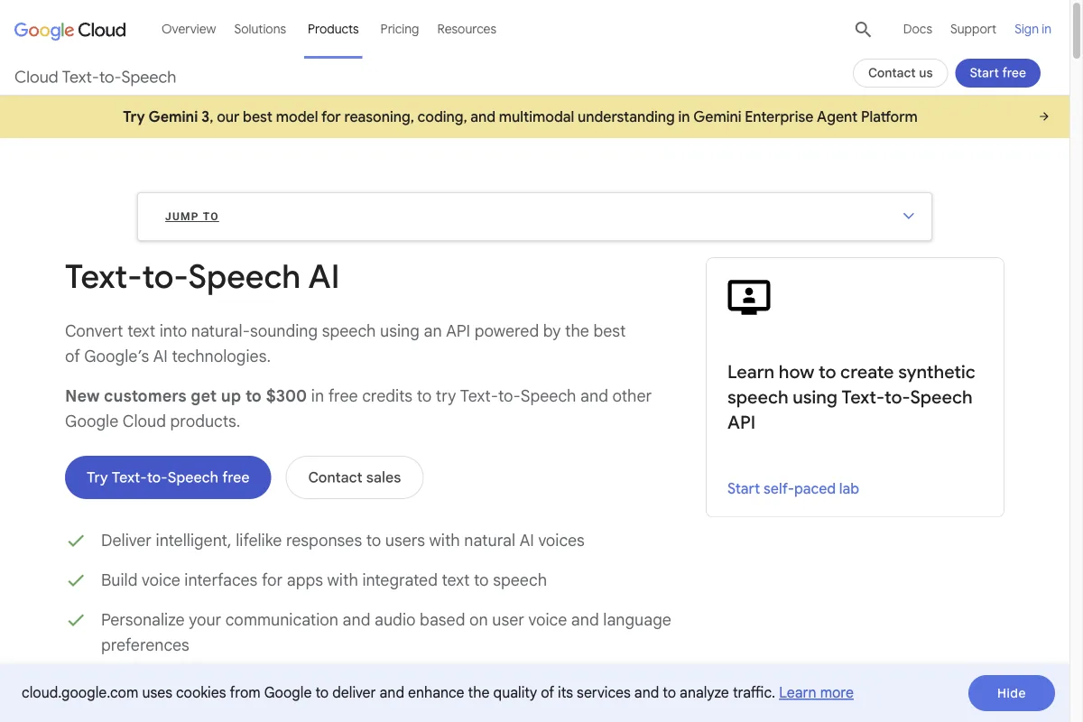 The Google Cloud Text-to-Speech product page with the AI speech synthesis API