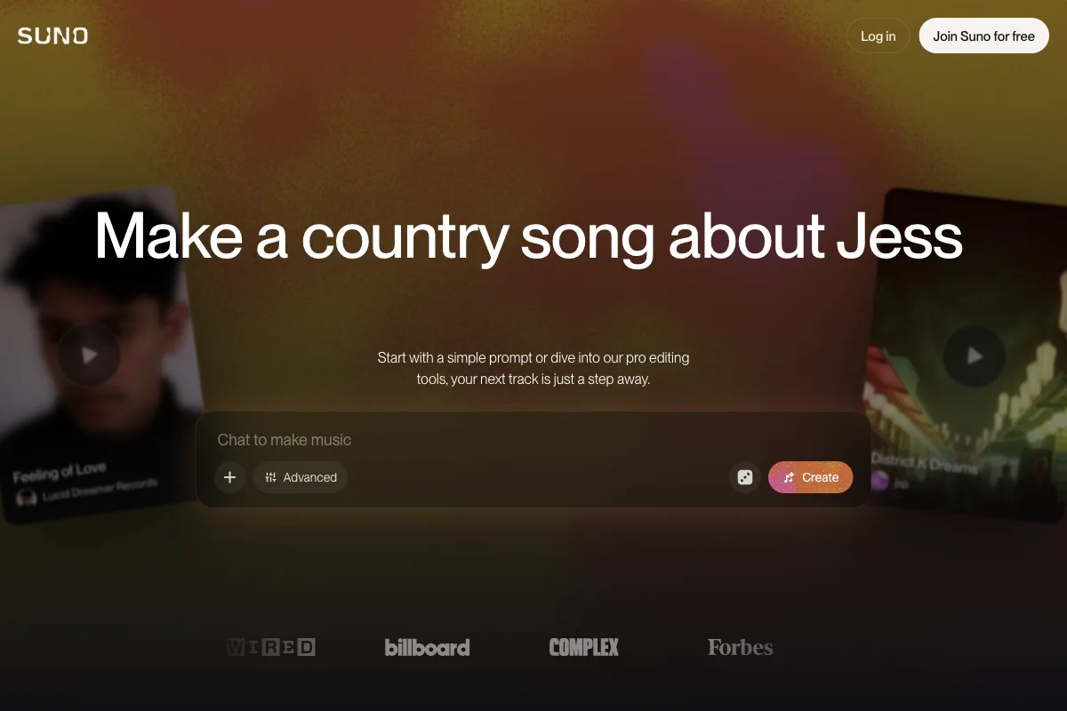 The Suno homepage for AI-generated music with vocals
