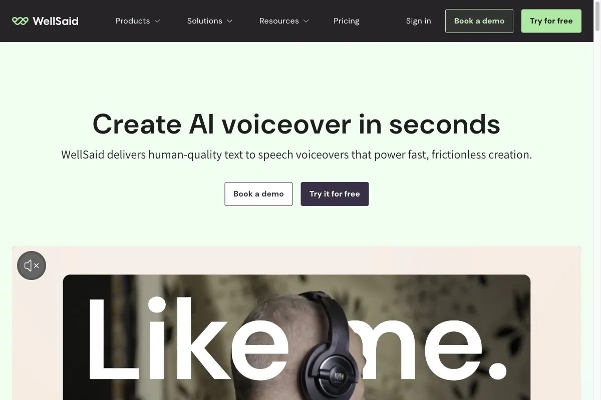 The WellSaid Labs homepage with vetted studio voices