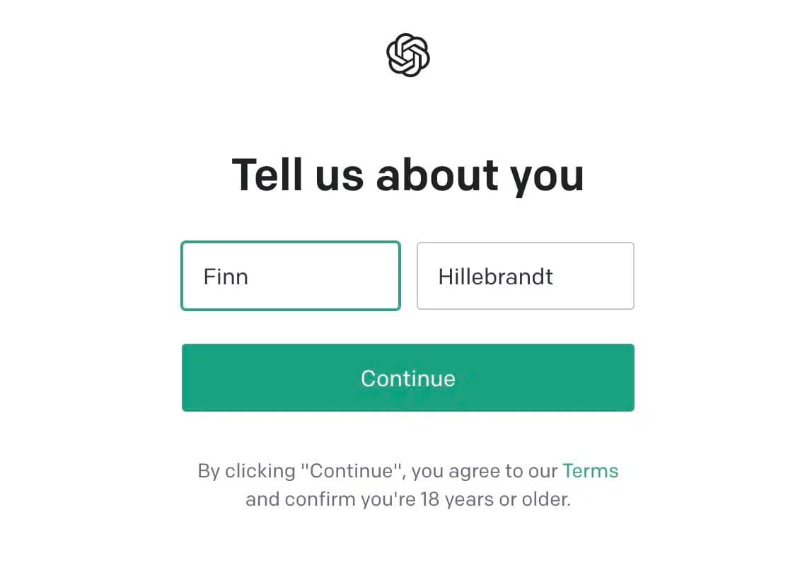 Enter first and last name for OpenAI account