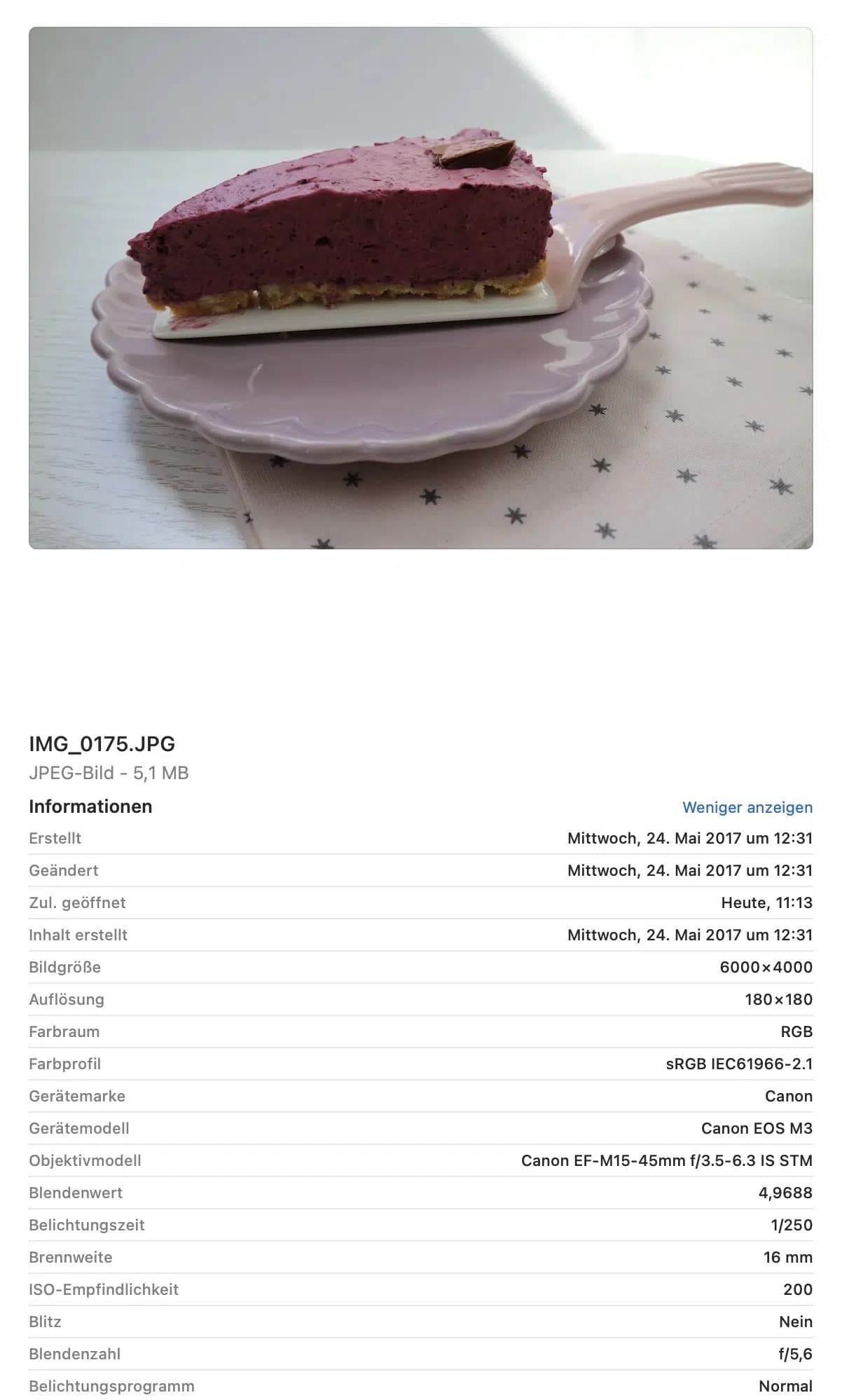 Example of camera and exposure metadata in an image file