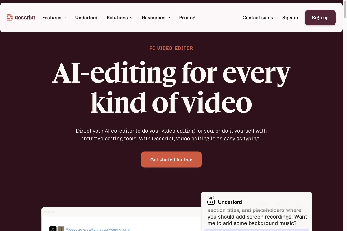 The Descript homepage, the audio and video editor with Overdub voice