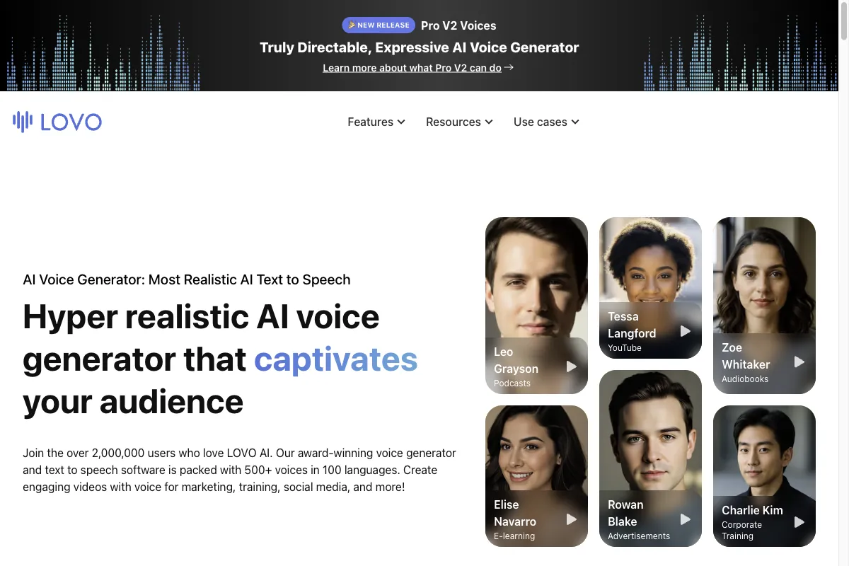 The Lovo (Genny) homepage with its platform for AI voices, editor, and video