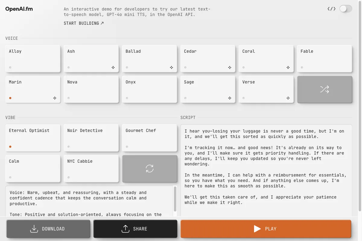 The OpenAI.fm demo for the GPT-4o mini TTS text-to-speech model with voice, vibe, and script selection