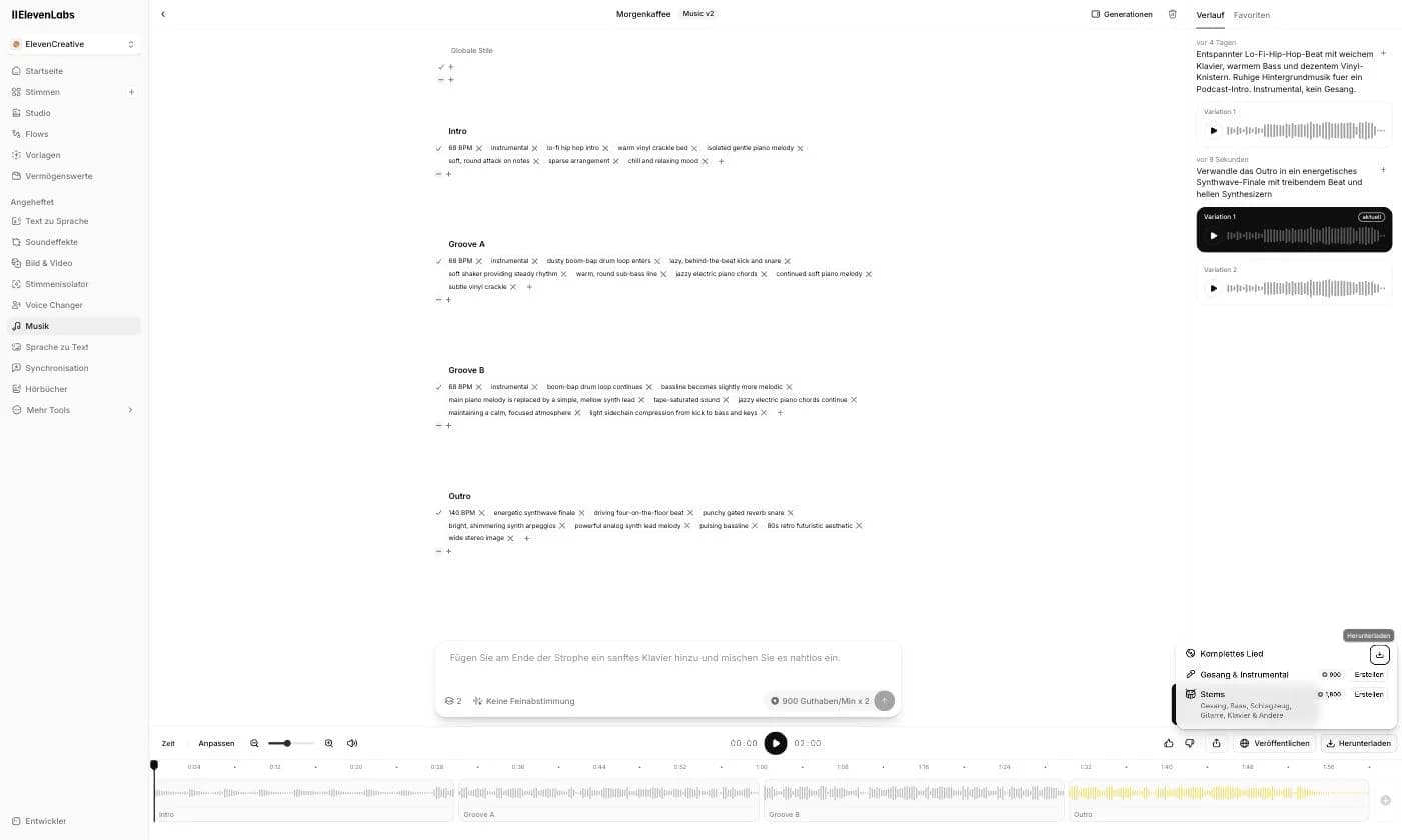 ElevenLabs Music v2 song editor for the track Morgenkaffee after the genre switch: Intro, Groove A, and Groove B still carry 68 BPM lo-fi tags, while the outro carries 140 BPM, energetic synthwave finale, and driving four-on-the-floor beat, with only the outro block highlighted in yellow in the timeline