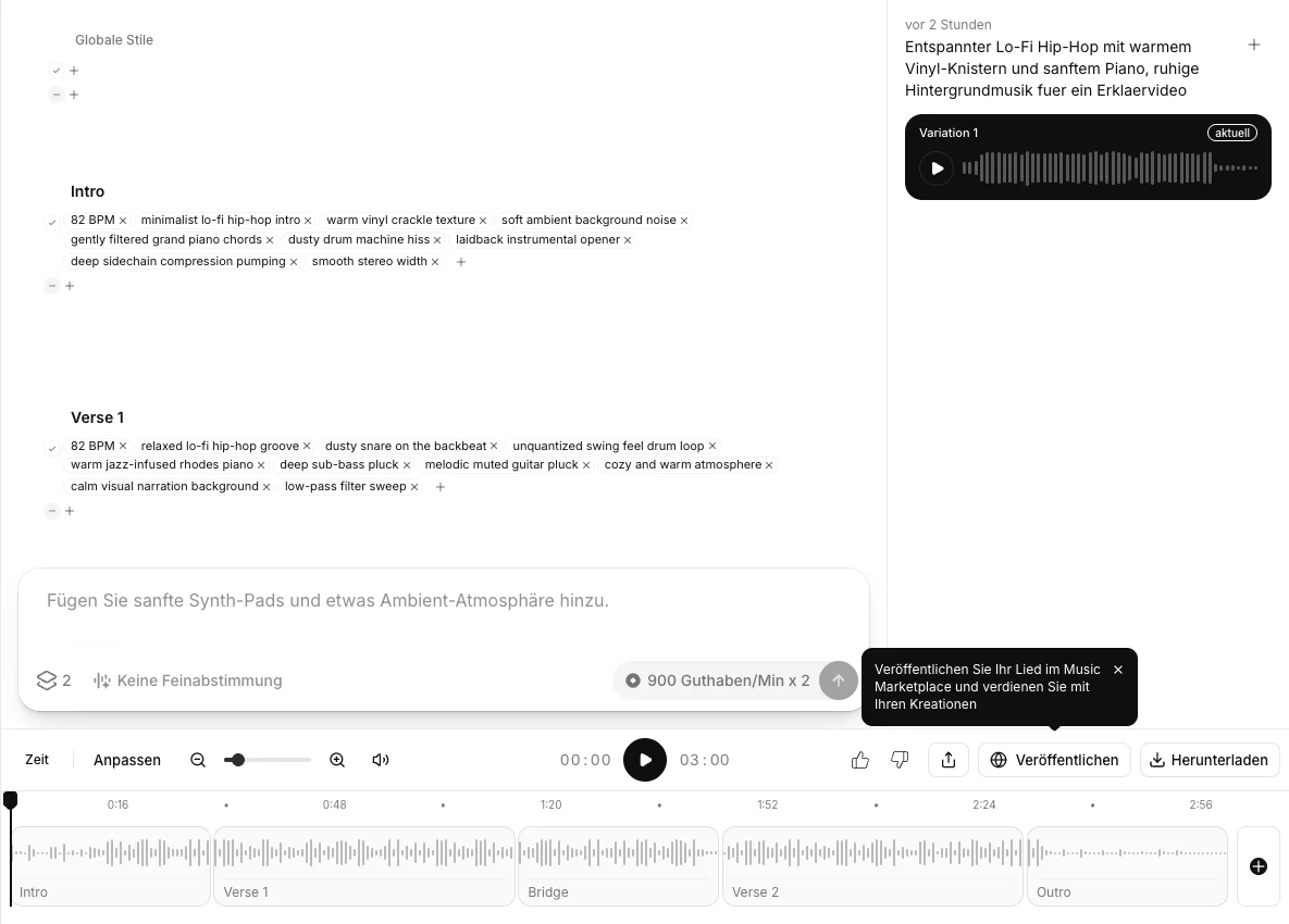 ElevenLabs Music v2 track editor with Intro, Verse 1, Bridge, Verse 2, and Outro sections, each with its own style tags like 82 BPM and dusty snare on the backbeat, plus the timeline at the bottom
