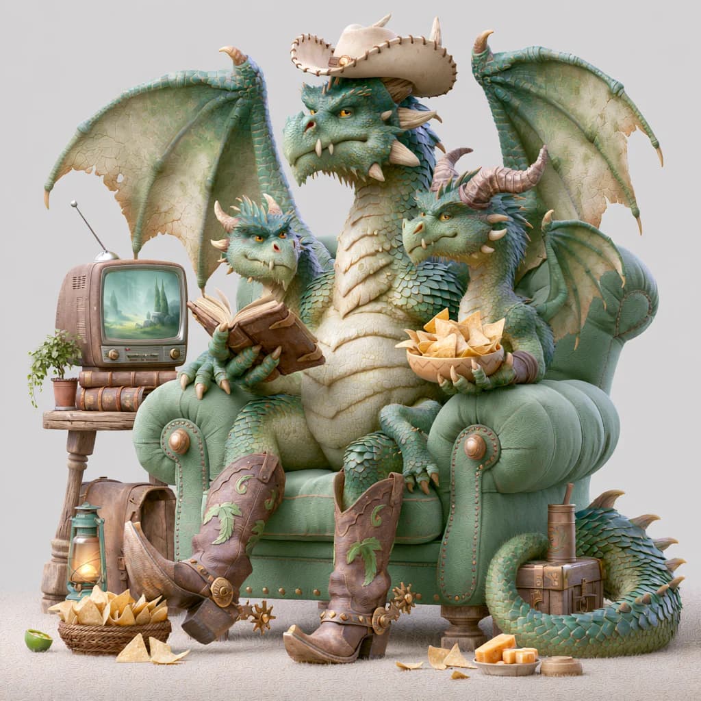 Midjourney V8.1: three-headed dragon with cowboy boots, hat, TV, and nachos