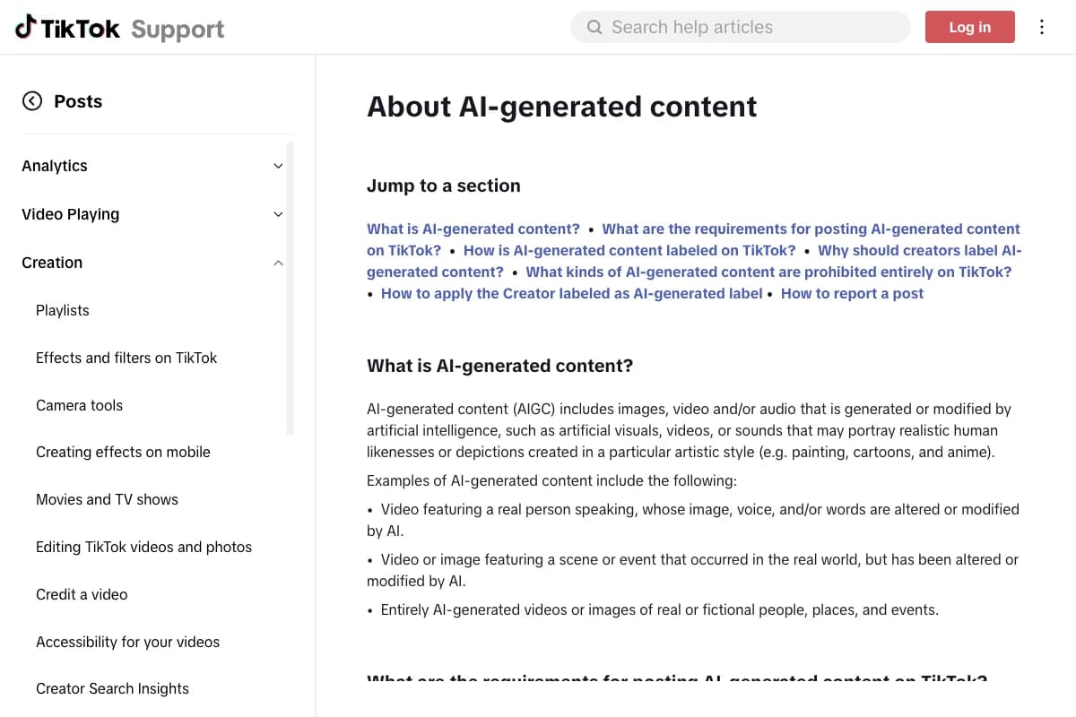 Current TikTok help page about labeling AI-generated content